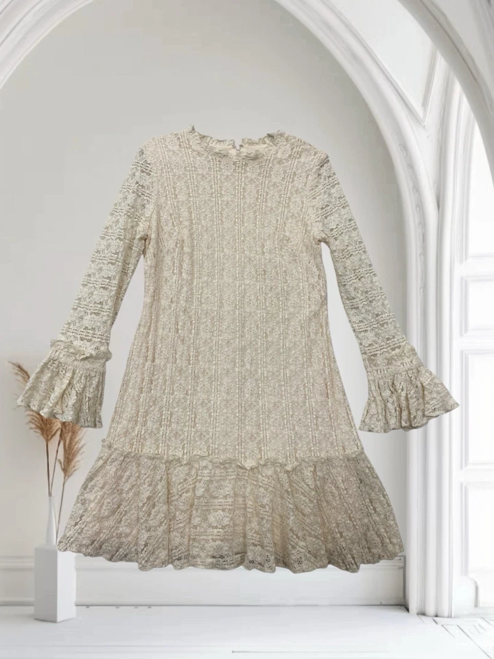 Vestido Shoshanna Manga Campana Encaje Talla 12 Volantes Dobladillo Coqueta Vacaciones Elegante $480 Foto 1 de 4