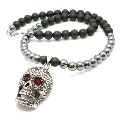 Cadena para hombre ónix piedra calavera cadena de perlas collar cadena de... - Imagen 1 de 4