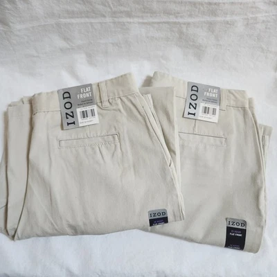 2 calças IZOD clássicas frente plana meninos Husky 20 chinos cáqui cimento algodão LEIA - Imagem 1 de 4
