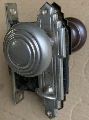 Vintage Art Deco Door Bath Room Doorknob Backplates Mortise Lock & Chrome Keeper - Image 1 of 4