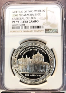 2005 NICARAGUA SILVER 10 CORDOBAS S10C CATHEDRAL DE LEON NGC PF 69 ULTRA CAMEO - Picture 1 of 3