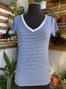 Giordano Women T-shirt Stripes Blue Gray Short Sleeve T-Shirt S - Picture 1 of 7