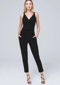 White House Black Market Womens Black Stretchy Sleeveless Wrap Tank Jumpsuit 4 - Picture 1 of 13