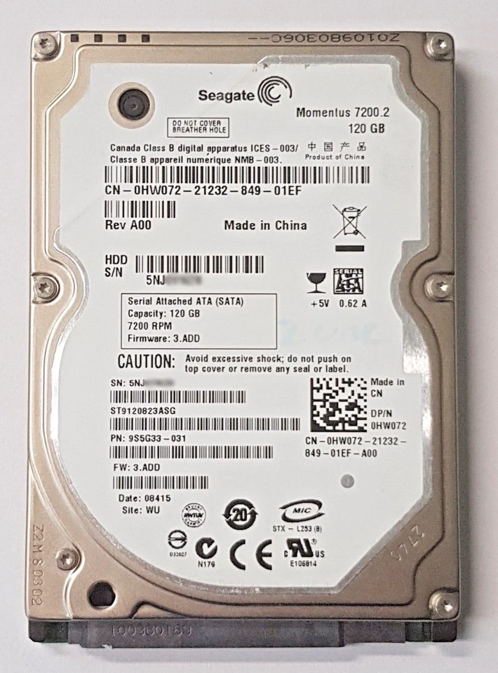 120 GB SATA Seagate Momentus 7200.2 ST9120823ASG 8MB HDD 2.5 " Internal Hard - Image 1 of 1