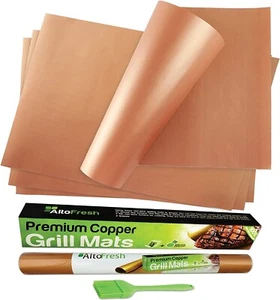 Premium Large 15.75x13 in Reusable Copper BBQ Grill Bake Mats Set of 4+Oil Brush - Picture 1 of 6