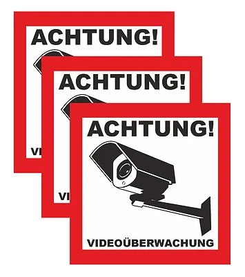 3x Aufkleber ACHTUNG! Videoüberwachung, Hinweisschild Warnaufkleber Kamera 3 Stk - Bild 1 von 2
