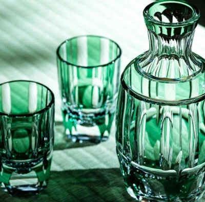 Edo Kiriko Glasses Hand Cut To Green 9ozDispenser&2oz for Whiskey/Brandy 1 Set - Image 1 of 4