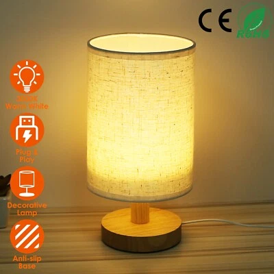 Modern Small Bedside Table Lamp Wood Desk Light Fabric Lampshade for Nightstand - Image 1 of 4