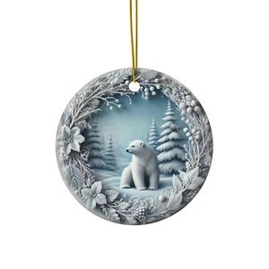 Winter Polar Bear Ceramic Christmas Ornament - Elegant Snowy Forest Decor - Picture 1 of 4