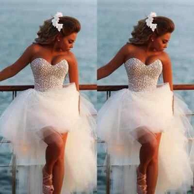 Elegant Short Wedding Dresses Sweetheart Neck Sleeveless Pearls Bridal Gowns - Image 1 of 4