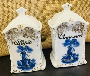 Lot Of 2: Germany 5” Spice Jars Allspice & Cinnamon W lid Blue & White Windmill - Picture 1 of 24