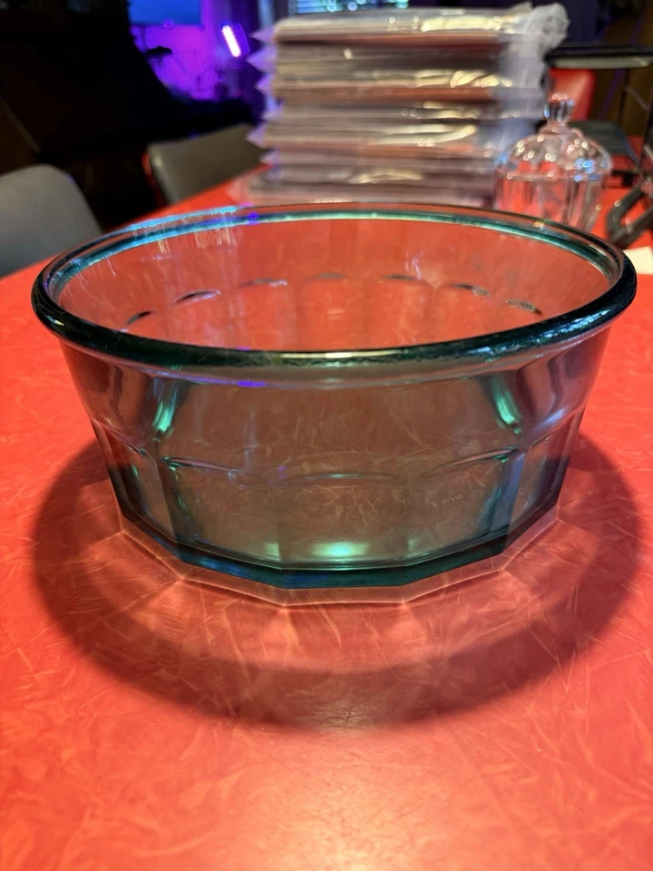 Vintage 16 Panel Arcoroc Large France Teal Glass  Bowl 9” X 4" - Image 1 of 4