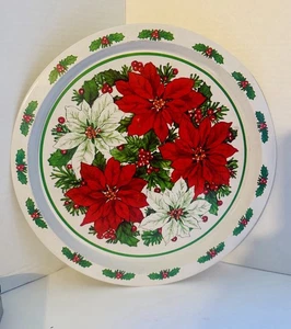 Vassoio natalizio vintage in latta 13" motivo Poinsettia e agrifoglio rosso-bianco-verde ❤️🤍💚 - Foto 1 di 8