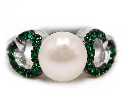 Fresh Water Pearl & Treated Emerald 925 Genuine Sterling Silver Ring Sz 8 MM6-7 - Image 1 of 3