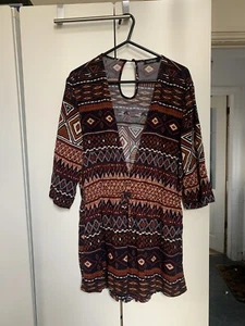Boohoo Aztec Boho Half/Long-Sleeved Plunge Playsuit Size 10 - Picture 1 of 4