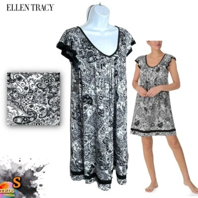Nuevo con etiquetas Ellen Tracy Mujer S Manga Acampanada Chemise N8015331 Negro/Blanco Cachemira Foto 1 de 4