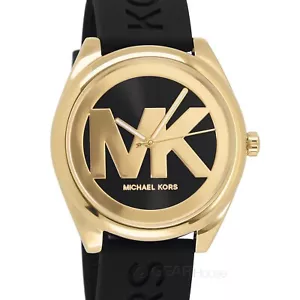 Michael Kors Womens Janelle Gold Casual Watch, MK Logo Dial, Black Silicone Band - Picture 1 of 8