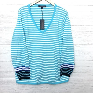 NEW Tommy Hilfiger Turquoise Blue & White Striped Cotton Sweater Long Sleeve 1X - Picture 1 of 8