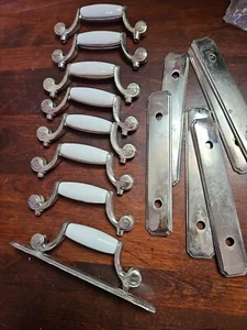 Lot of 8 Vintage Chrome & Porcelain Cabinet Drawer Handles Plate. - Picture 1 of 2
