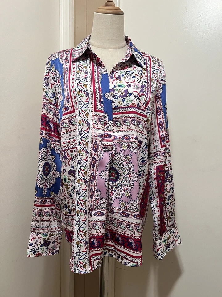 Joie Womens Long Sleeve Printed Top Blouse Colorful Collared Size L - Image 1 of 4