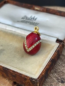 Vintage Red Guilloche Enamel Egg Pendant Gold Tone Bail Sparkly Paste Rhinestone - Picture 1 of 8