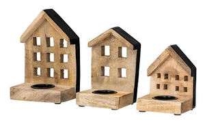 3er Set Teelichthalter H12-19cm Mango Holz Haus Kerzenhalter Braun Schwarz Deko - Bild 1 von 5