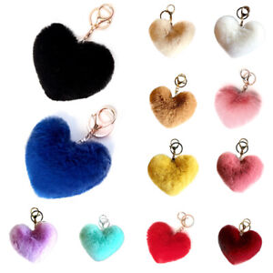 Heart Shape Key Chain Fluffy Soft Pompom Bag Accessory Key Ring Gift for Women