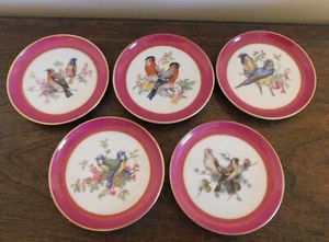 5 Small Mini Plates / Coasters / Dish - Birds - KAISER W. Germany Burgundy Rim - Picture 1 of 6