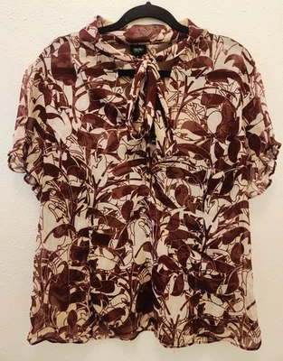 Blusa floral abstracta transparente marrón y crema Mossimo con corbata elegante talla 20W Foto 1 de 4