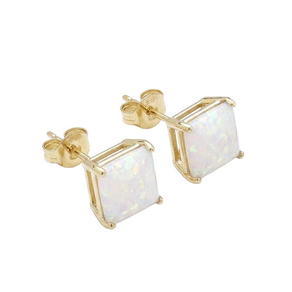14K Solid Gold Square Lab Created Opal Stud Earrings Fire Push Back All Sizes - Image 1 of 1
