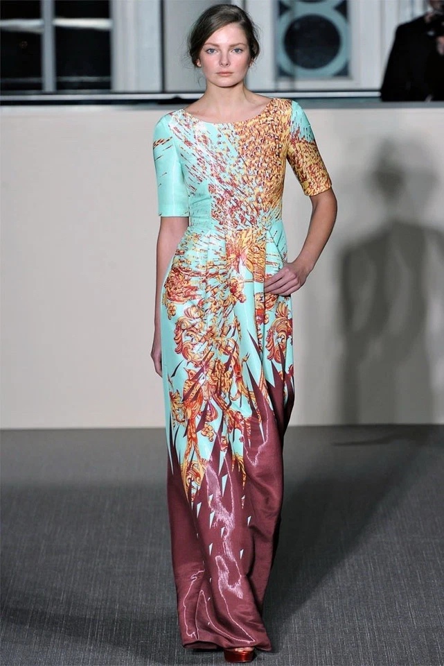 MATTHEW WILLIAMSON Dress 2012 Turquoise Bird Print Maxi Short Sleeve Pockets - Image 1 of 4