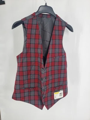 Bar III Chaleco Para Hombres Mediano Rojo Gris Cuadros Calce Ajustado Vestido Chaleco Abotonado Nuevo Foto 1 de 4