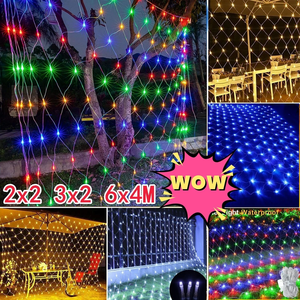 LED Lichternetz 2x2m 6x4m Weihnachten Lichtervorhang Lichterkette Innen Außen - Bild 1 von 4