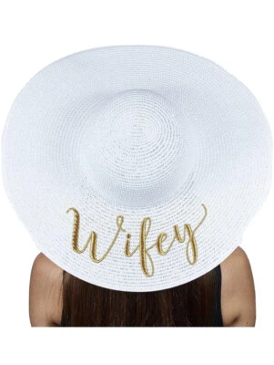 The Chic Soul Wifey Womens Wide Brim Sun Hat Straw White Paper Wedding Bride - Image 1 of 4