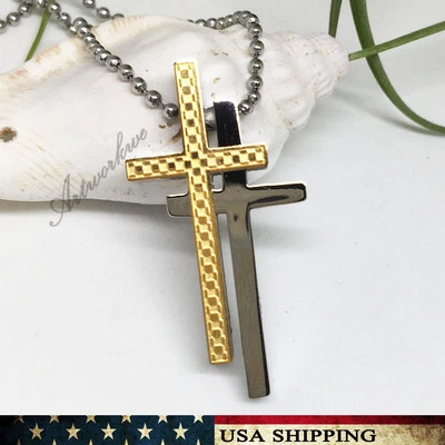 New Men's Stainless Steel Gold Silver Cross Pendant Necklace Chain  - Image 1 of 4