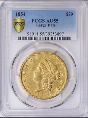 1854 GRAN FECHA $20 ORO LIBERTAD DOBLE ÁGUILA GRADUACIÓN PROFESIONAL AU 55 Foto 1 de 4