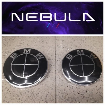 BMW GLOSS BLACK ROUNDELS FRONT AND REAR 82mm 74mm PAIR OF BADGES