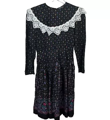 Vtg Gunne Sax Dress Farm Girls Sz 10 Boho Prairie Cottagecore Floral Lace Collar - Image 1 of 4