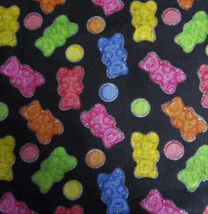 1/2 yd plus Metallic GUMMY BEARS on Black Bright Juvenile Cotton Print Fabric - Picture 1 of 2
