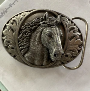 PEWTER HORSE BELT BUCKLE. 1993 BERGAMOT. I-76 - Picture 1 of 2