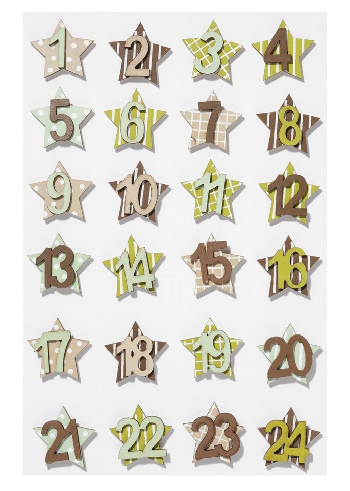 Holzzahlen 1-24 braun/grün/beige Adventskalenderzahlen Adventskalender Säckchen - Bild 1 von 1