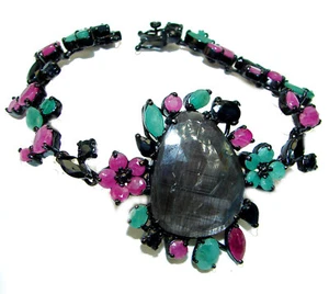 Ruby Bracelet 925 Sterling Silver Black Rhodium Red Gemstone Handmade 33.6g - Picture 1 of 3
