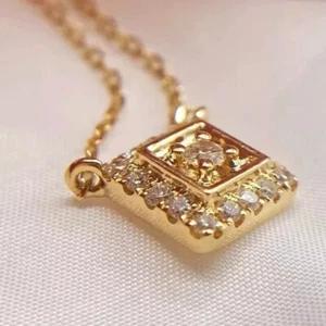 1Ct Round Lab Created Diamond Square Pendant 14K Yellow Gold Plated Free Chain - Picture 1 of 4