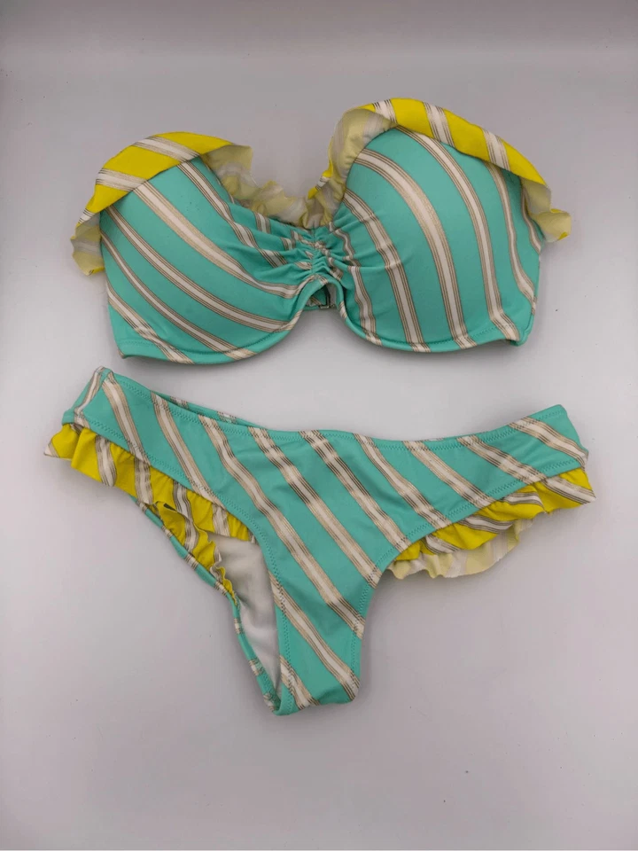 Conjunto de bikini Victoria's Secret para mujer azul metálico a rayas bandeau acolchado talla Foto 1 de 4