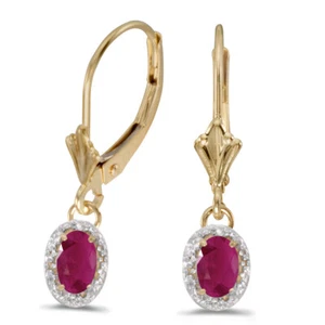 10k Yellow Gold Oval Ruby & Diamond Leverback Earrings - Picture 1 of 1