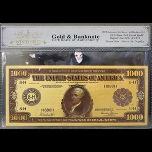 Gold 1918 $1000 One Thousand Dollars Banknote Collectible with Bag & Certificate - Picture 1 of 2