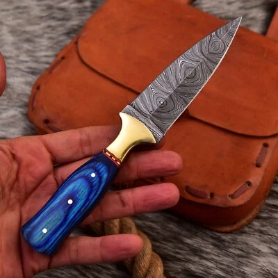 handmade Damascus steel hunting dagger fixed blade boot knife sheath DOUBLE-EDGE