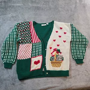 Lauren Grey Hand Knitted Red Green Cat Hearts Christmas Sweater Button Large - Picture 1 of 16