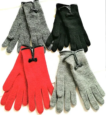 FIEBIG Hochwertiger eleganter Strick-Handschuhe 100%Wolle mit Verzierung aus Echt-Leder