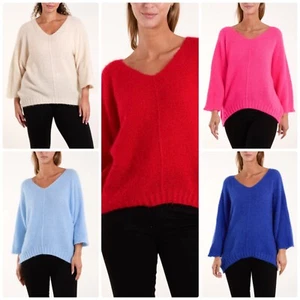 New Ladies Womens FLUFFY TEXTURE V-NECK JUMPER Knitted Jumpers Winter Knitwear - Picture 1 of 34